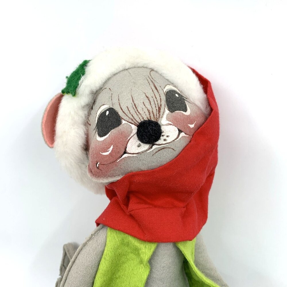 Vintage Annalee Mobilitee Christmas Mouse Doll 14” Poseable Felt USA Green Vest - Picture 2 of 11